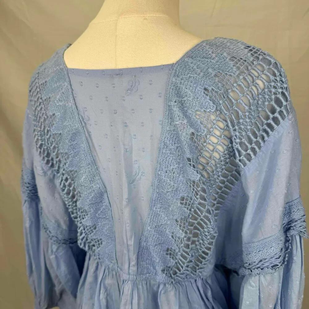 Free People Drive You Mad Blouse Blue Crochet Puff Sleeve Southern Bell Western